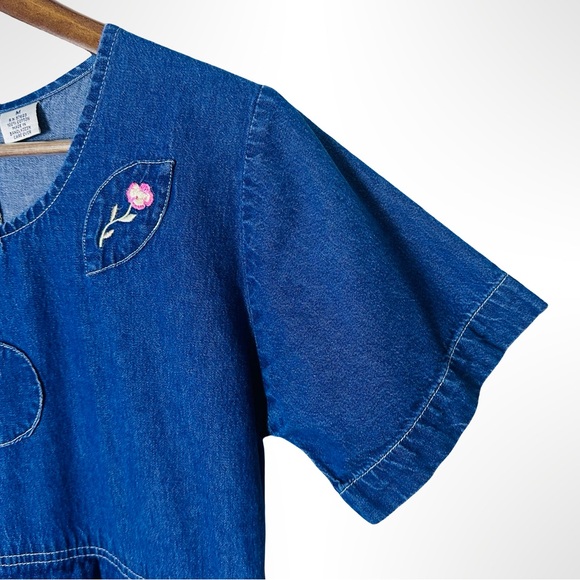 Vintage Blue Embroidered Denim Midi Dress Folk Cottage Medium - Picture 7 of 15